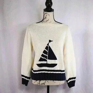 Crazy Horse/Liz Claiborne Size L 3/4 sleeve cropped blue white sailboat sweater